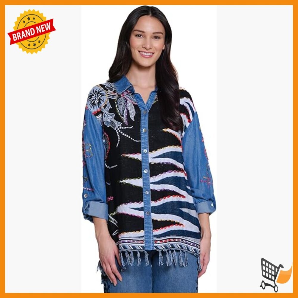 Embroidered Jacquard Button Front Blouse with Roll Tab Sleeves